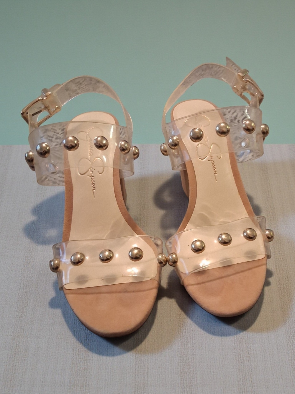 Jessica Simpson Madrie studded high heel sandals clear ankle strap Womens Size 7